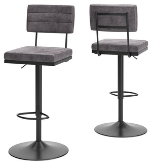 Have a seat in sleek style with this upholstered swivel bar stool. Contemporary with a casual vibe, it-'s dressed to impress with a metal frame and a cushioned seat and back wrapped in gray faux leather. Along with the bar stool-'s smooth-gliding swivel, 