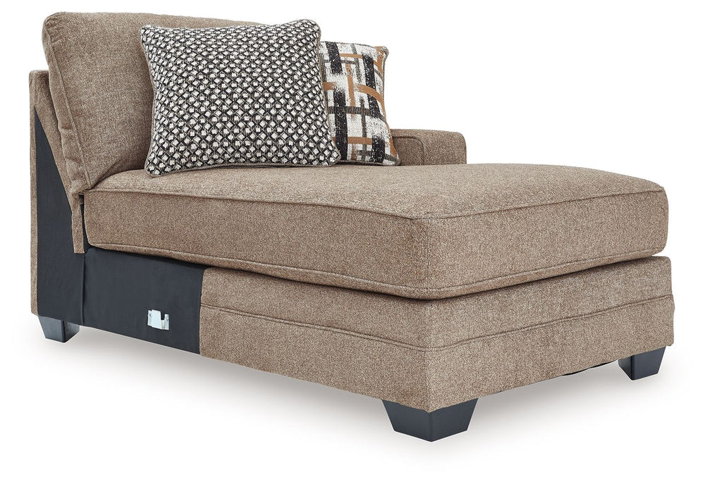 This right-arm facing corner chaise is made with polyester upholstery. Pairs with other items in the series to make a sectional.<br><br><b>Additional Dimensions</b><br><ul><li>Arm height: 25-"</li><li>Seat depth: 51-"</li><li>Seat height: 21-"</li><li>Top