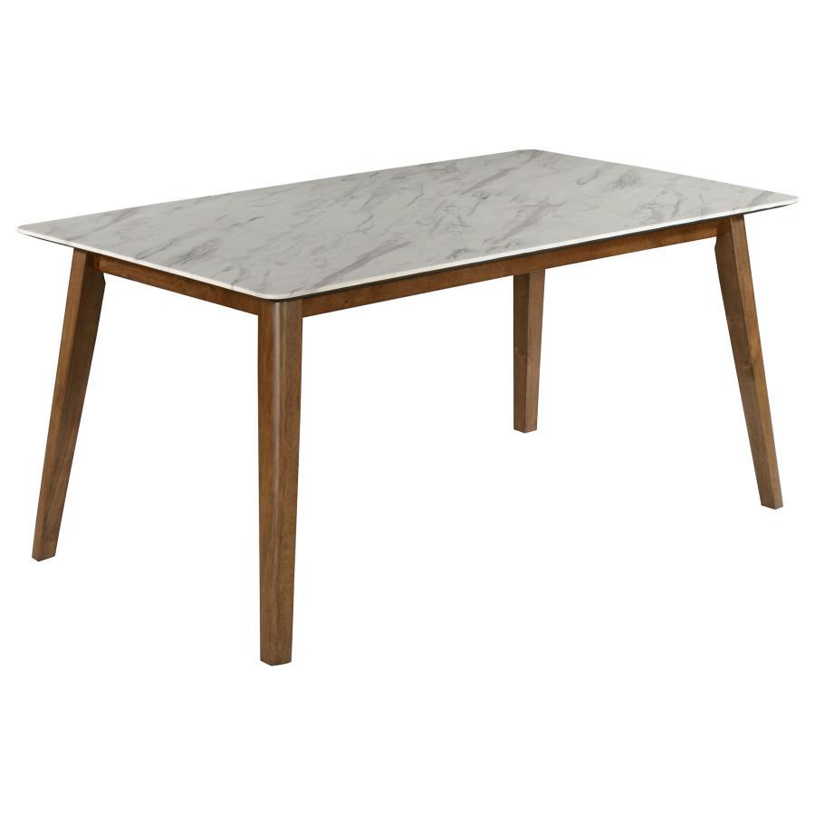 Chic, stylish, and sustainable, this wooden dining table is a smart choice for the modern home. Made with solid wood and recycled sawdust, it-'s an environmentally friendly choice. The white faux marble top gives it a look of modern elegance. The angled w