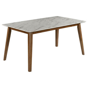 Chic, stylish, and sustainable, this wooden dining table is a smart choice for the modern home. Made with solid wood and recycled sawdust, it-'s an environmentally friendly choice. The white faux marble top gives it a look of modern elegance. The angled w