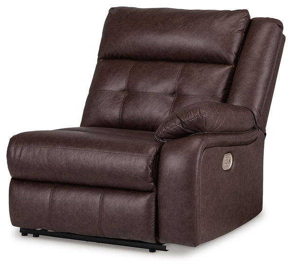 This right-arm facing power recliner is made with faux leather upholstery. Pairs with other items in the series to make a sectional.<br><br><b>Additional Dimensions</b><br><ul><li>Arm height: 24-"</li><li>Seat depth: 23-"</li><li>Seat height: 20-"</li><li