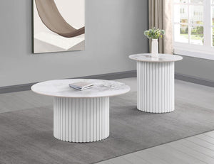 Rowena - Round Sintered Stone Coffee Table - White Faux Marble