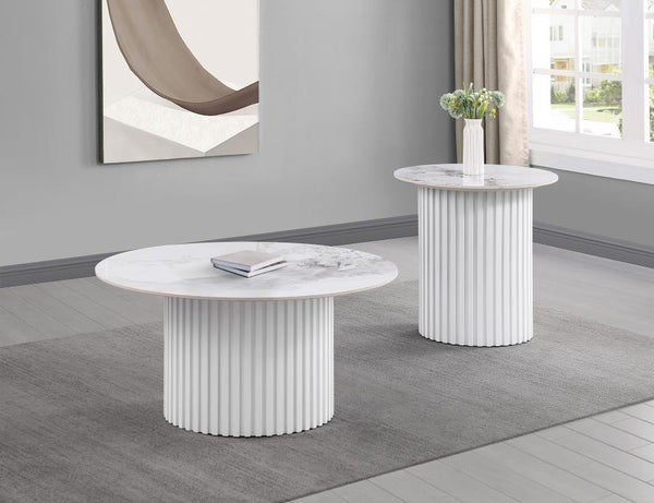 Rowena - Round Sintered Stone Coffee Table - White Faux Marble