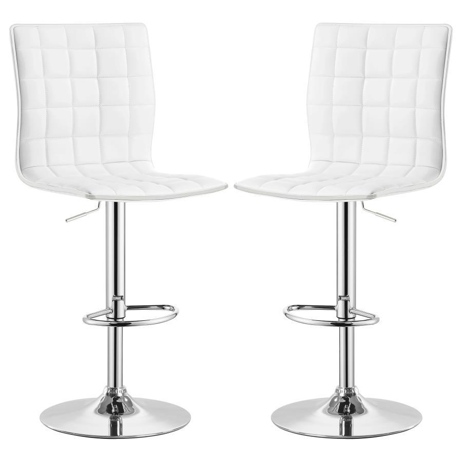 Gleaming chrome accentuates the clean, modern silhouette of this adjustable barstool. Its armless seat boasts a full back with waffle texturing created with intersecting lines for a dimensional look. Delivering appealing comfort, the barstool includes a h
