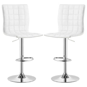 Gleaming chrome accentuates the clean, modern silhouette of this adjustable barstool. Its armless seat boasts a full back with waffle texturing created with intersecting lines for a dimensional look. Delivering appealing comfort, the barstool includes a h
