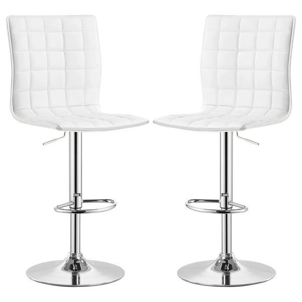 Gleaming chrome accentuates the clean, modern silhouette of this adjustable barstool. Its armless seat boasts a full back with waffle texturing created with intersecting lines for a dimensional look. Delivering appealing comfort, the barstool includes a h
