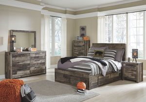 Rustic butcher block finish over replicated pine grain with authentic touch. Cases feature a framed front and pilasters. Bed features a thick and heavy design. Contemporary handles in an antiqued gunmetal finish. Side roller glides for smooth operating dr