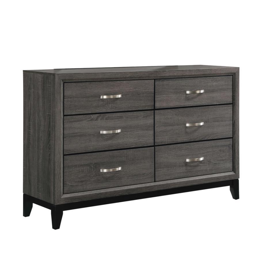 Featuring color blocking, this grey six-drawer dresser is a contemporary take on mid-century modern design. The body showcases a sophisticated, exposed wood grain constructed of oak. Tapered legs in a black finish offer a modern feel, adding visual intrig