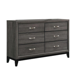 Featuring color blocking, this grey six-drawer dresser is a contemporary take on mid-century modern design. The body showcases a sophisticated, exposed wood grain constructed of oak. Tapered legs in a black finish offer a modern feel, adding visual intrig