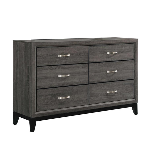Featuring color blocking, this grey six-drawer dresser is a contemporary take on mid-century modern design. The body showcases a sophisticated, exposed wood grain constructed of oak. Tapered legs in a black finish offer a modern feel, adding visual intrig