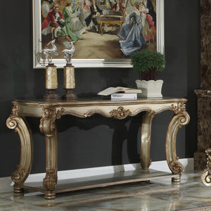 KD, Rectangular Table with Scrolled Leg and Bottom ShelfTop Apron: Scrolled Decor Trim