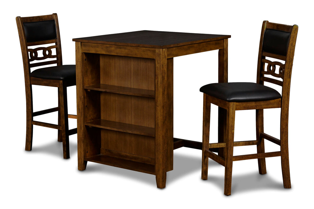 The small space friendly Gia Counter Storage Table and Chair Set has a built-in shelf unit that provides the ideal spot for dinnerware or kitchen essentials. The dining table and chair legs are crafted of solid Rubberwood to add strength and stability. Mi