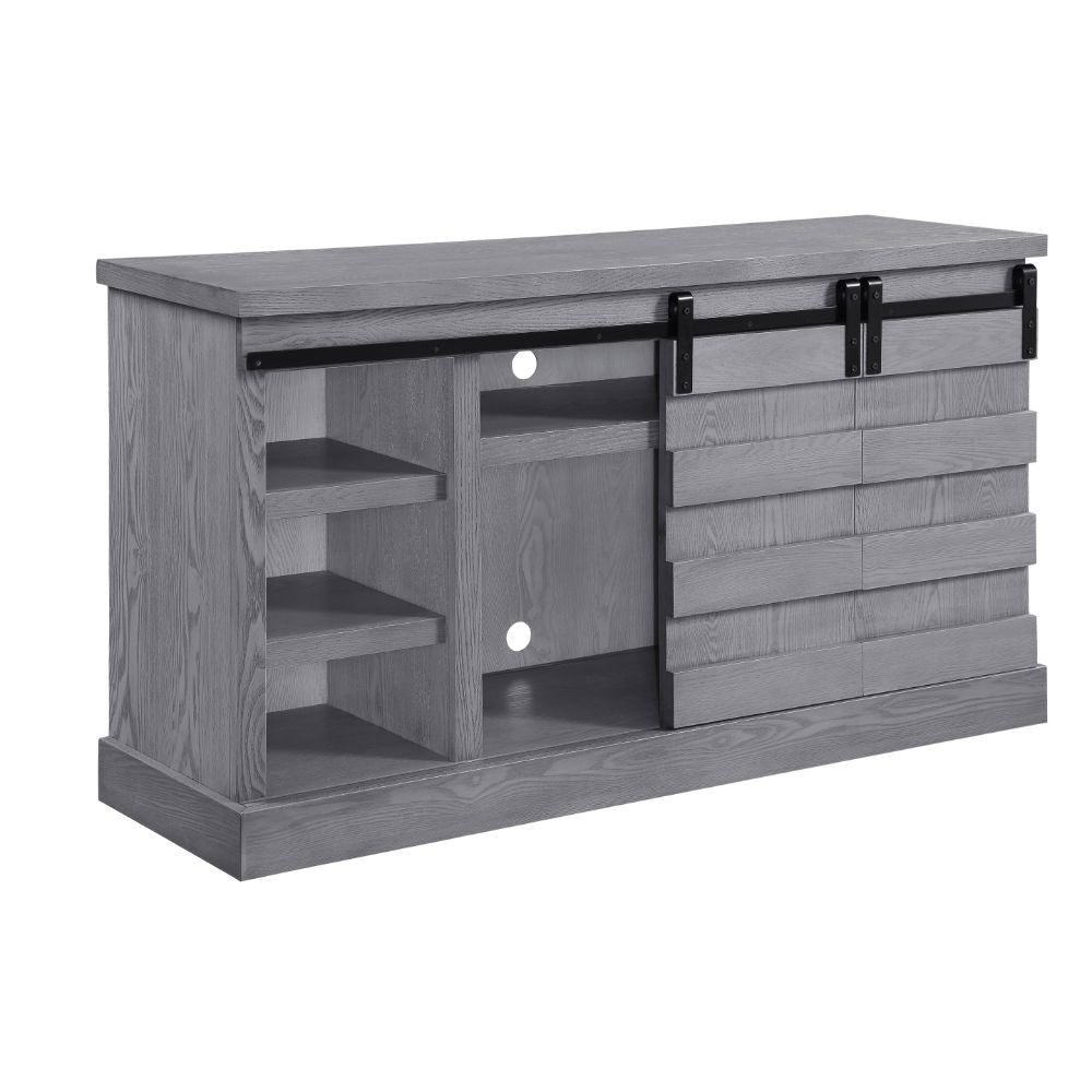 KD, Rectangular TV Stand Storage: 2 Sliding Barn Doors, Media Compartment (1 Wooden Shelf) Max. Recommended TV Size: 60-Inch Flat Panel Back Panel with Pre-Cut Holes for Cord Mgmt (x# Holes) CONSTRUCTION] Wooden Case-Frame: Veneer (Paper), MDF Top: 36mm T
