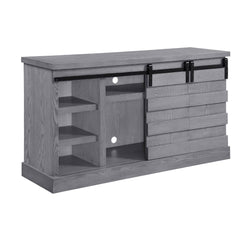 KD, Rectangular TV Stand Storage: 2 Sliding Barn Doors, Media Compartment (1 Wooden Shelf) Max. Recommended TV Size: 60-Inch Flat Panel Back Panel with Pre-Cut Holes for Cord Mgmt (x# Holes) CONSTRUCTION] Wooden Case-Frame: Veneer (Paper), MDF Top: 36mm T