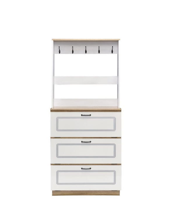  breezy look. This shoe cabinet features warm wooden accents paired with rich metal hardwere. The cabinet has three drop down drawer that reveal more reachable storages for a 