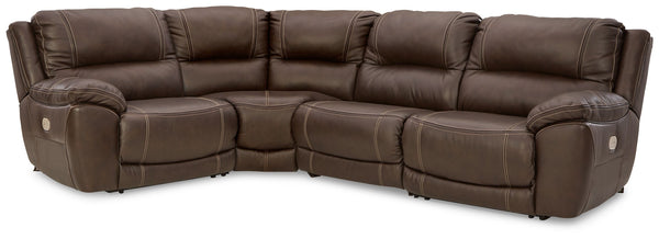 Load up on comfort in a cool, clean-lined and contemporary way with this power reclining sectional in chocolate brown. Rest assured, the expertly matched leather and faux leather upholstery is enriched with a pebble grain effect for authentic appeal and e