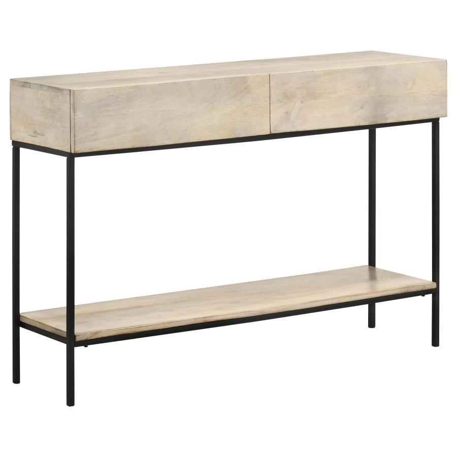 Blending modern simplicity with industrial charm, this contemporary console table offers both style and functionality. Crafted from eco-friendly solid mango wood in a whitewashed finish, it features two spacious drawers on smooth wooden glides for conceal