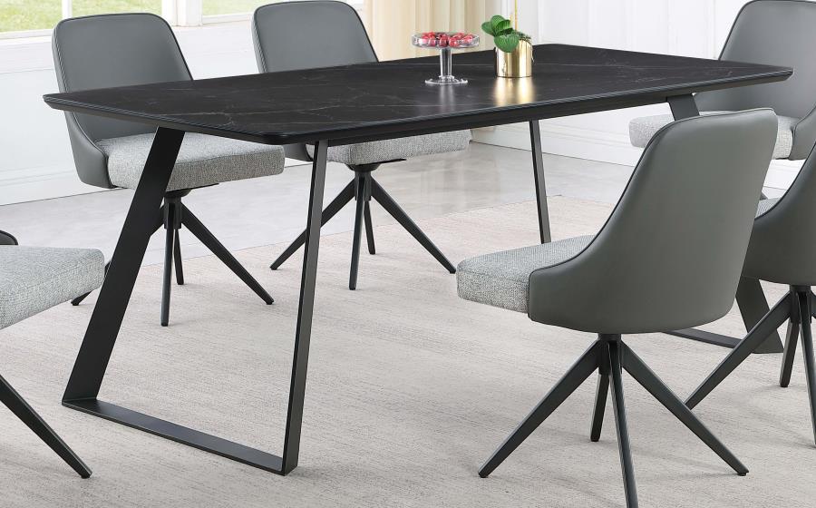 Transform your dining room into a sleek interior with this modern dining table. A bold, matte gunmetal finish defines the hard edges and clean lines of this stellar mid-century modern-inspired dining table. A spacious rectangular top with a rounded bevel 