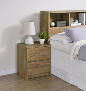  featuring a wood-inspired finish. It includes two spacious drawers for ample storage and an integrated dual USB charging outlet with USB-A and USB-C ports for fast and convenient device charging. A m