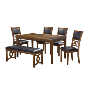 The New Classic Gia 6-Piece Wood Rectangle Dining Set is crafted from solid Rubberwood and Mindi veneers for a perfect blend of durability and aesthetic appeal. The warm brown finish, achieved through a meticulous multistep process and clear coat, accentu