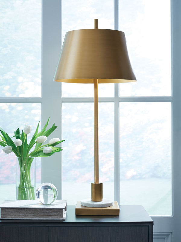  this contemporary table lamp shines the spotlight on modern luxury. Its rich goldtone finish