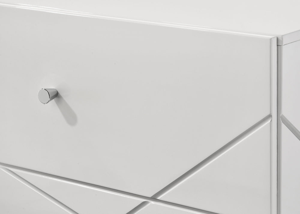 Transform your bedroom into a contemporary sanctuary with this sophisticated and stylish furniture ensemble. Defined by its bold geometric accents and pristine high-gloss white finish, this collection exudes modern elegance while maintaining a clean, mini