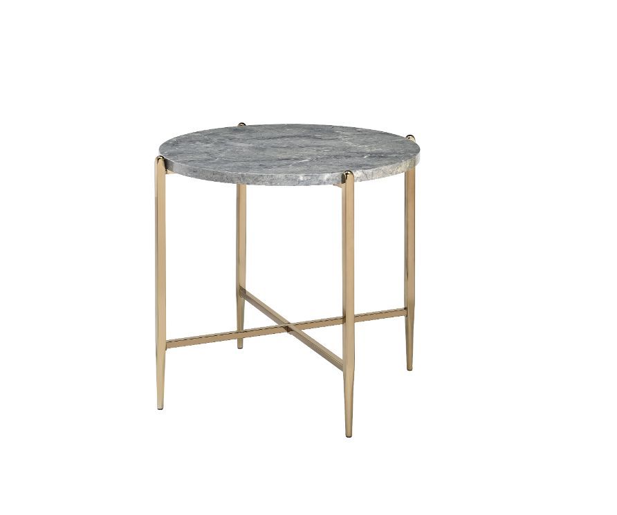 Sleek finish, sharp angles, and stylish designs were incorporated in this stunning modern piece. Shown in a champagne gold finish, the metal open base with X-shape support boasts a simple silhouette that exudes modern elegance. Round faux marble table top