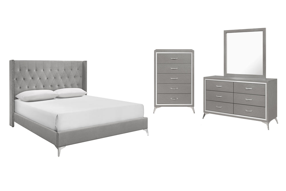 The Huxley 4-Piece Bedroom Set in Gray offers a perfect blend of contemporary glam and durable craftsmanship for a stylish and functional bedroom. This set includes an upholstered bed with headboard, footboard, two side rails, and slat kit, along with a 6