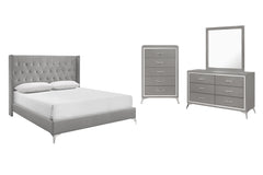 The Huxley 4-Piece Bedroom Set in Gray offers a perfect blend of contemporary glam and durable craftsmanship for a stylish and functional bedroom. This set includes an upholstered bed with headboard, footboard, two side rails, and slat kit, along with a 6