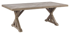 Sporting an easy-on-the-eyes look inspired by driftwood, this dining table elevates the art of alfresco living. Beautiful and durable enough for indoor and outdoor use, the high-style/low maintenance table charms with X-leg farmhouse styling, while its th
