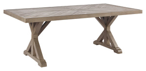 Sporting an easy-on-the-eyes look inspired by driftwood, this dining table elevates the art of alfresco living. Beautiful and durable enough for indoor and outdoor use, the high-style/low maintenance table charms with X-leg farmhouse styling, while its th