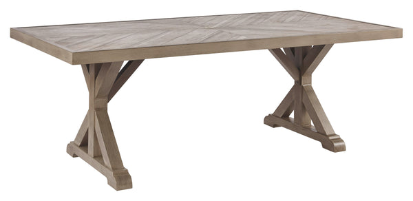 Sporting an easy-on-the-eyes look inspired by driftwood, this dining table elevates the art of alfresco living. Beautiful and durable enough for indoor and outdoor use, the high-style/low maintenance table charms with X-leg farmhouse styling, while its th