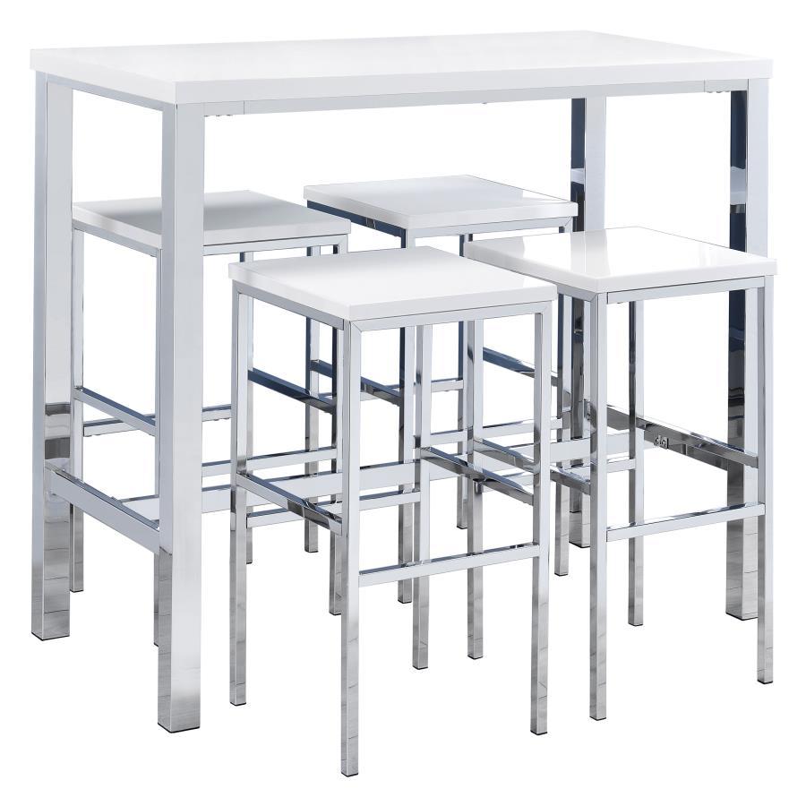 Ultra-modern with a clean lined silhouette, this five-piece bar set comes complete with a rectangular shaped bar table and four bar stools. Perfect for more contemporary home, the table comes with sleek and square legs made and a steel frame in an electro