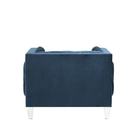 Sophistication meets modern with the Ansario living room collection. The rich blue velvet adds character to any room. Showcasing a square back, high arms, and nail-head trim, feature button tufted accents. The acrylic legs give off a modern vibe to the pi
