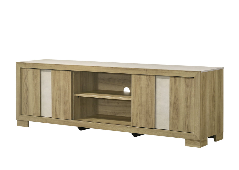 This entertainment console merges rustic charm with urban sophistication. Crafted with a natural wood finish, it exudes an aura of refined comfort while offering a nod to pastoral aesthetics. The console-'s structure boasts clean lines and a spacious top 