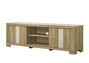 This entertainment console merges rustic charm with urban sophistication. Crafted with a natural wood finish, it exudes an aura of refined comfort while offering a nod to pastoral aesthetics. The console-'s structure boasts clean lines and a spacious top 