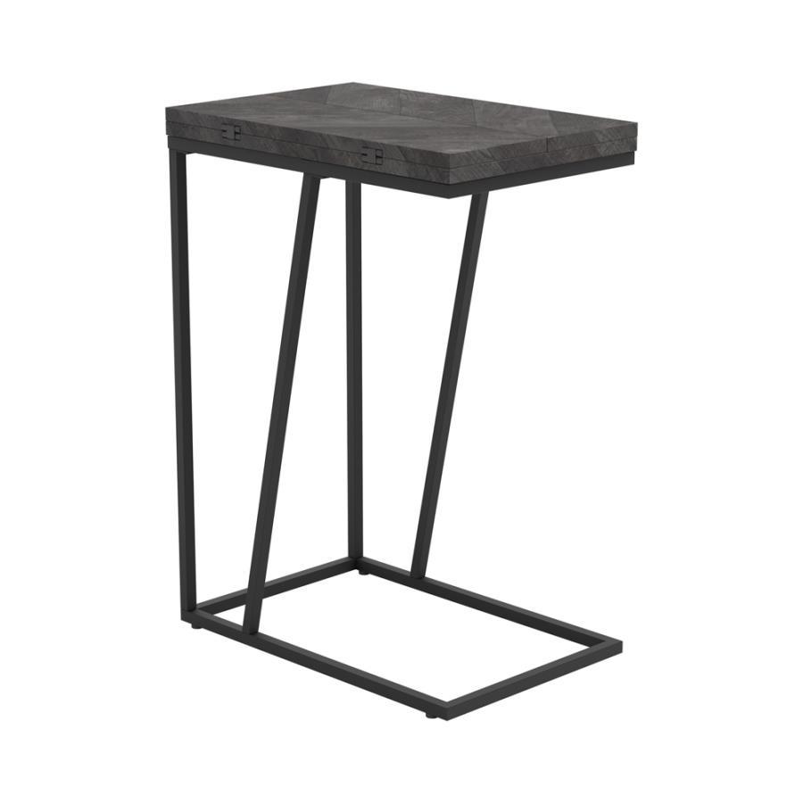 This versatile C-table combines functionality and sleek design, perfect for modern living spaces. Crafted with an engineered wood top featuring a scratch-resistant rustic grey laminate veneer, it offers durability and style. The top folds out, providing e