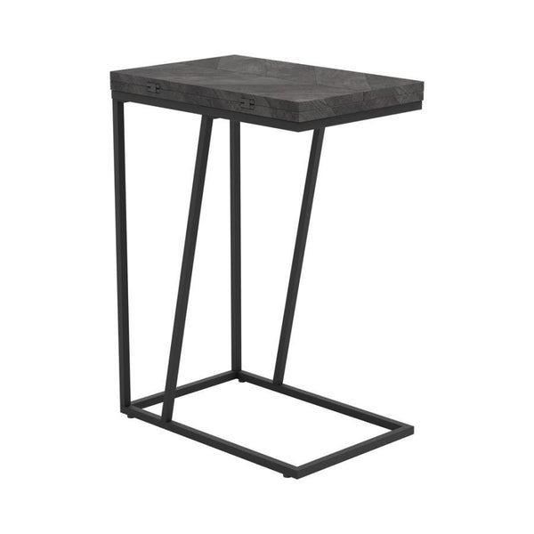 This versatile C-table combines functionality and sleek design, perfect for modern living spaces. Crafted with an engineered wood top featuring a scratch-resistant rustic grey laminate veneer, it offers durability and style. The top folds out, providing e