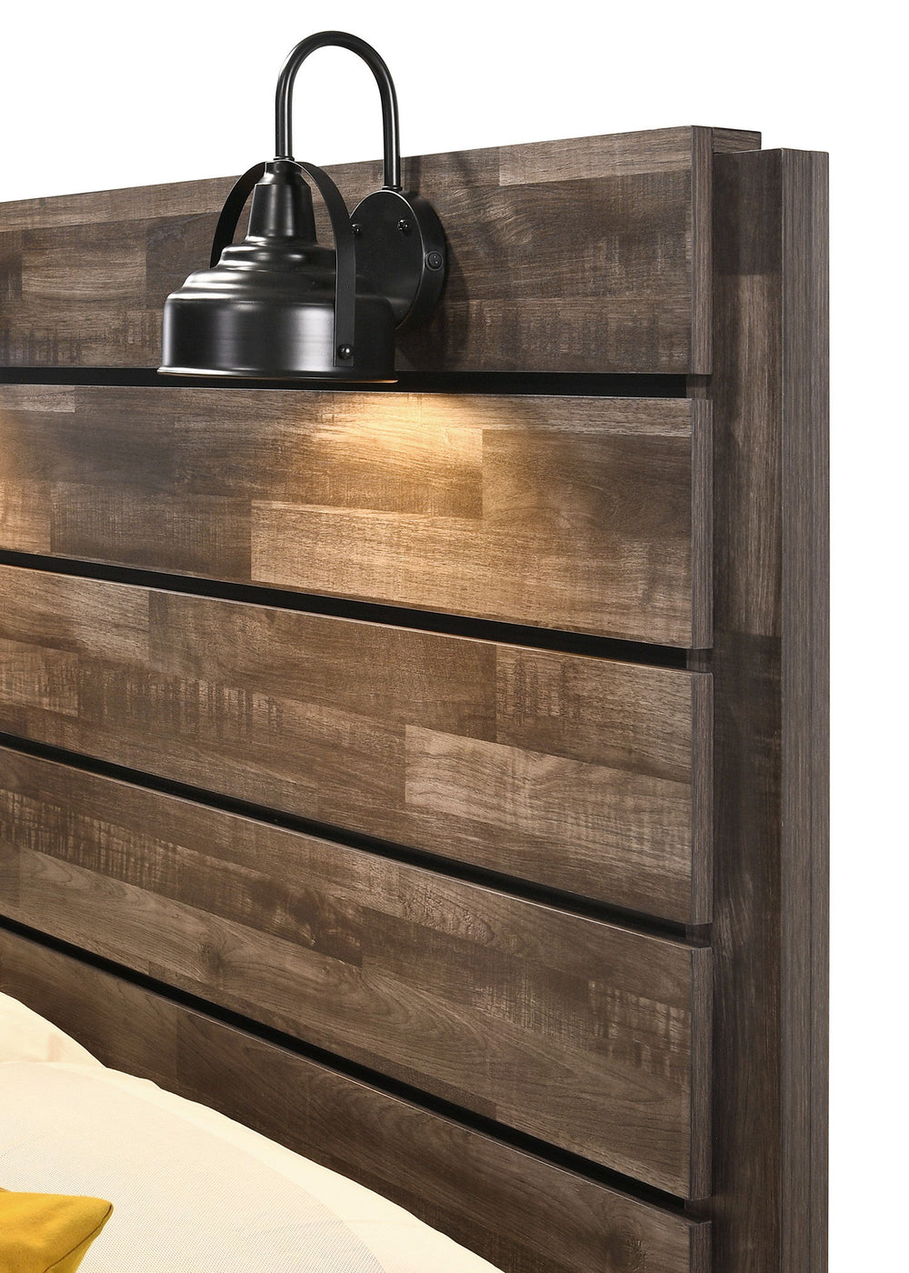 This bedroom set marries rustic appeal with contemporary lines, offering a cozy yet refined aesthetic to any modern home. The set features a generously sized bed with a broad, planked headboard with integrated sconces, creating an inviting ambiance. Flank