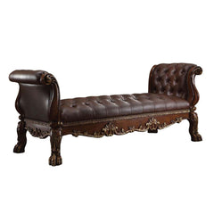 The Dresden Cherry Bench brings elegant and traditional design into your living room. A hand-crafted piece inspired from the luxurious designs of the past, this stunning piece comes in a cherry oak finish and features button-tufted seat and arms with elab