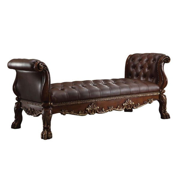 The Dresden Cherry Bench brings elegant and traditional design into your living room. A hand-crafted piece inspired from the luxurious designs of the past, this stunning piece comes in a cherry oak finish and features button-tufted seat and arms with elab