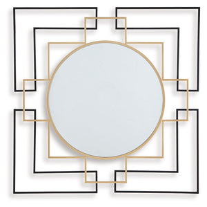 This accent mirror brings a layer of contemporary flair to traditional art deco motifs. Its frame, in a geometric design emphasized by black and goldtone finishes, makes a strong sculptural statement. What a sleekly stylish addition to a living room or en