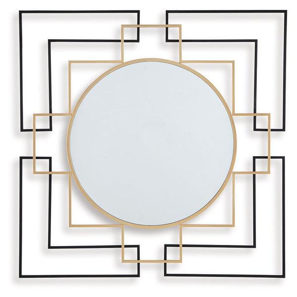 This accent mirror brings a layer of contemporary flair to traditional art deco motifs. Its frame, in a geometric design emphasized by black and goldtone finishes, makes a strong sculptural statement. What a sleekly stylish addition to a living room or en