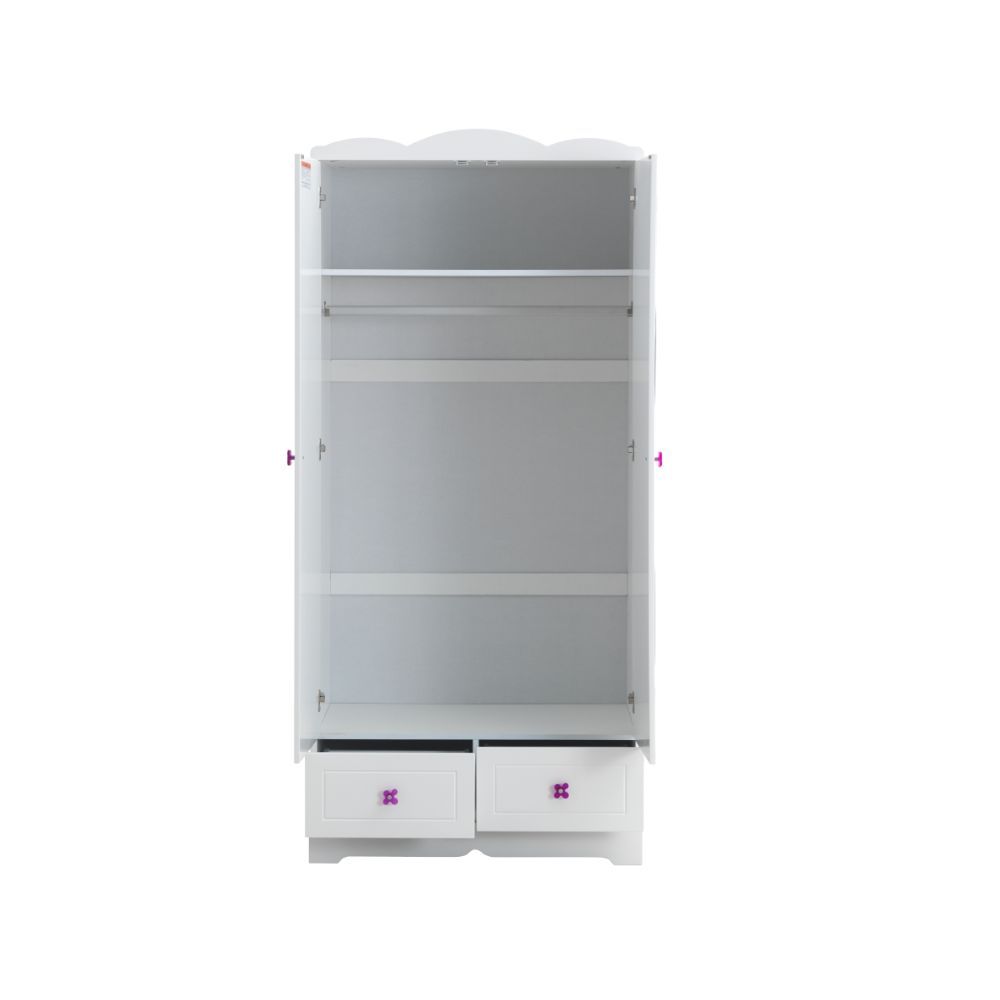 KD, Rectangular Wardrobe Storage: 2 Doors (Inside: 1 Wooden Shelf, Hanging Rod), 2 Drawers Drawer: KD, GLIDE) Side Metal, JOINT) Cam+Dowel, INSIDE) Felt-Lined NOT Included, Manual-Closing, Hardware: Single Floral Pull-Knob (Plastic) CONSTRUCTION] Wooden C