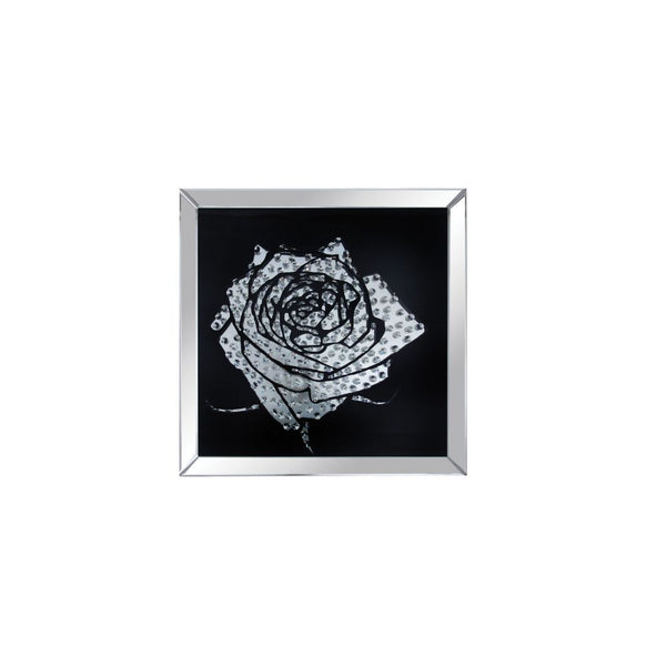 The Nevina crystal wall mirror is sure to be the focal point of any room. Dramatically cast with a rose shaped mirror that is the perfect contrast against a black background. Faceted optic glass crystals adorn the skill layering it with added luxe and bri
