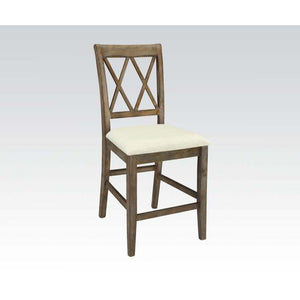 KD, Armless Chair (High Back) â€¢ Stationary Seat: Counter Dining Height â€¢ Padded SEAT: Beige Linen (Solid Pattern/NO Welt) â€¢â€¢ Wooden Backrest: -"XX-" Shape (Open Back) â€¢ Wooden Apron Seat â€¢ Wooden Tapered Leg: Salvage Brown Finish, Wood (Hickor
