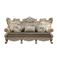 With luxurious styling and comfort with pocket coil seat cushions, the Ranita sofa is grand in looks and feel, with a high wrap around back with oversized carved back detail. This attention to detail in the solid wood ornate and pierced carving surrounds 