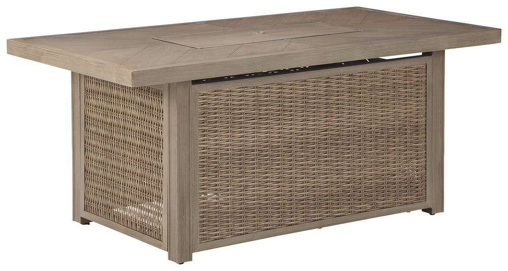 Sporting an easy-on-the-eyes look inspired by driftwood, this fire pit table elevates the art of alfresco living. Its chic chevron-patterned top is paired with all-weather resin wicker over rust-proof aluminum for beauty and brawn. A stainless steel burne
