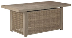 Sporting an easy-on-the-eyes look inspired by driftwood, this fire pit table elevates the art of alfresco living. Its chic chevron-patterned top is paired with all-weather resin wicker over rust-proof aluminum for beauty and brawn. A stainless steel burne