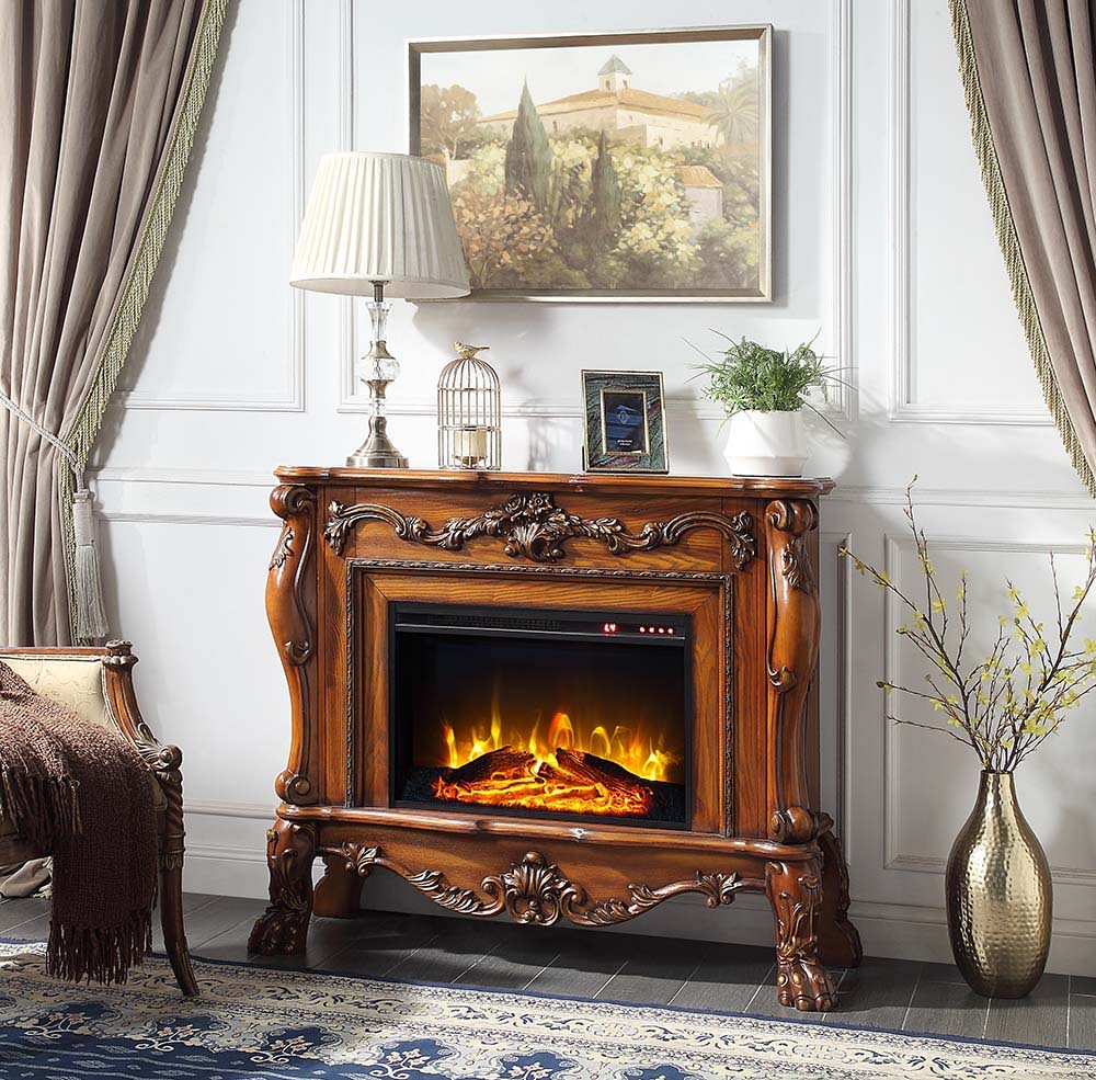Add warmth and comfort to any room in your home with the impressive Dresden fireplace in a cherry oak finish. The grand fireplace features floral moldings throughout the piece. Sitting on carved claw feet or added elegance. The fireplace features a touch 